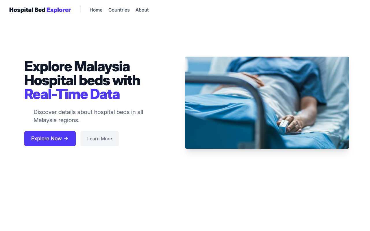 Hospital Bed Explorer homepage showing a map and real-time bed availability across Malaysia