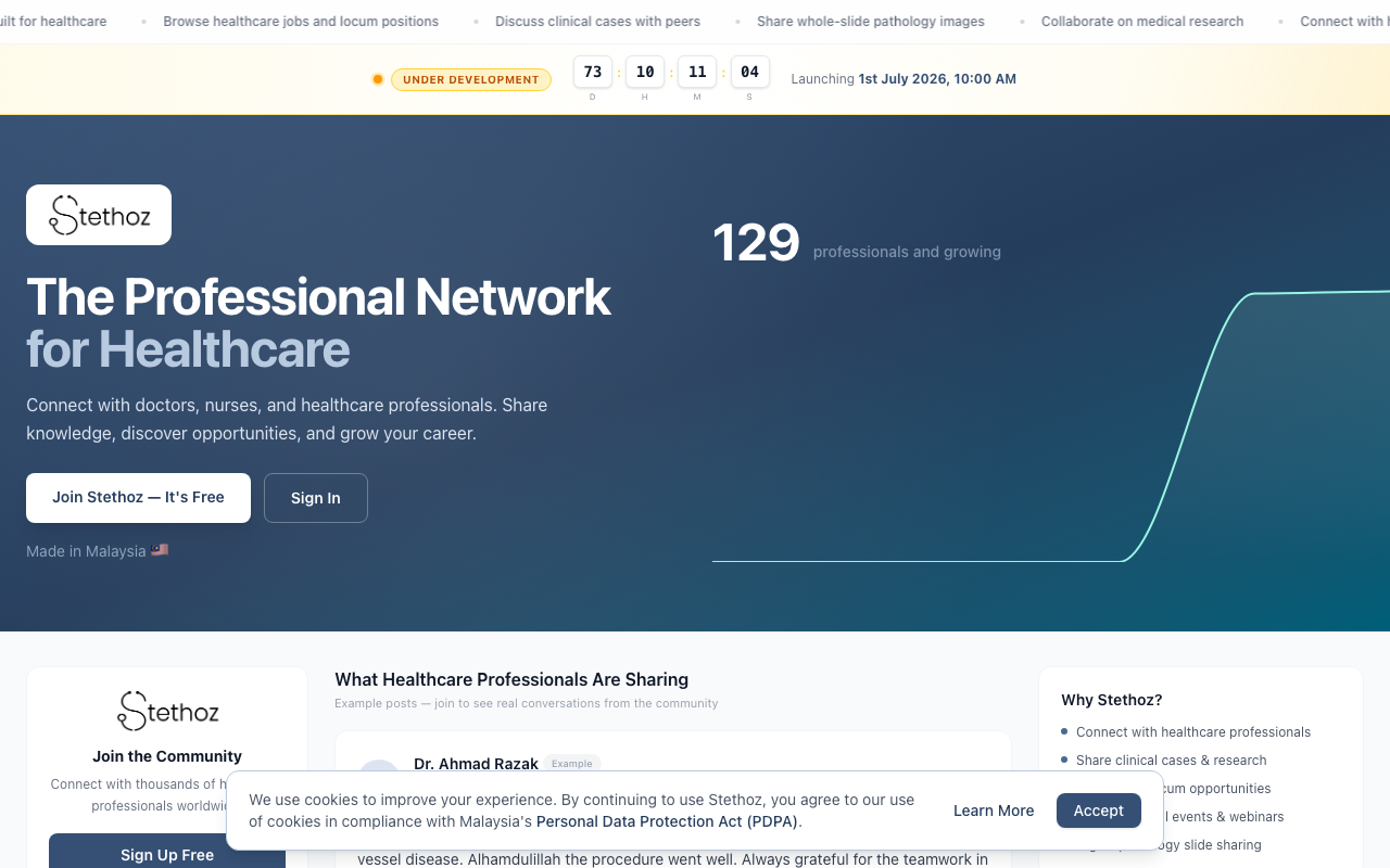 Stethoz homepage showing the professional network for healthcare workers with a countdown to launch